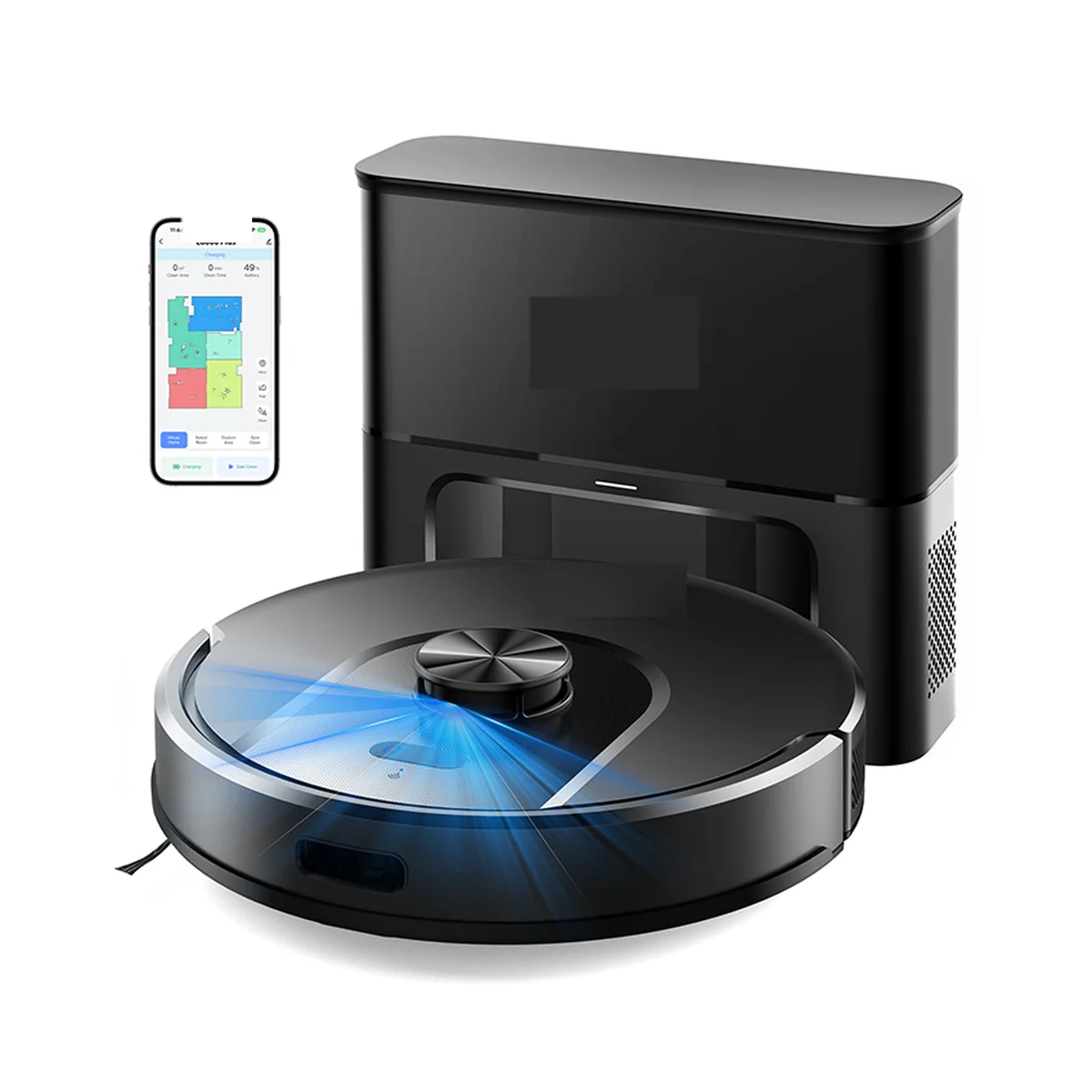 SDL40 robot vacuum docked at its station with smartphone app map