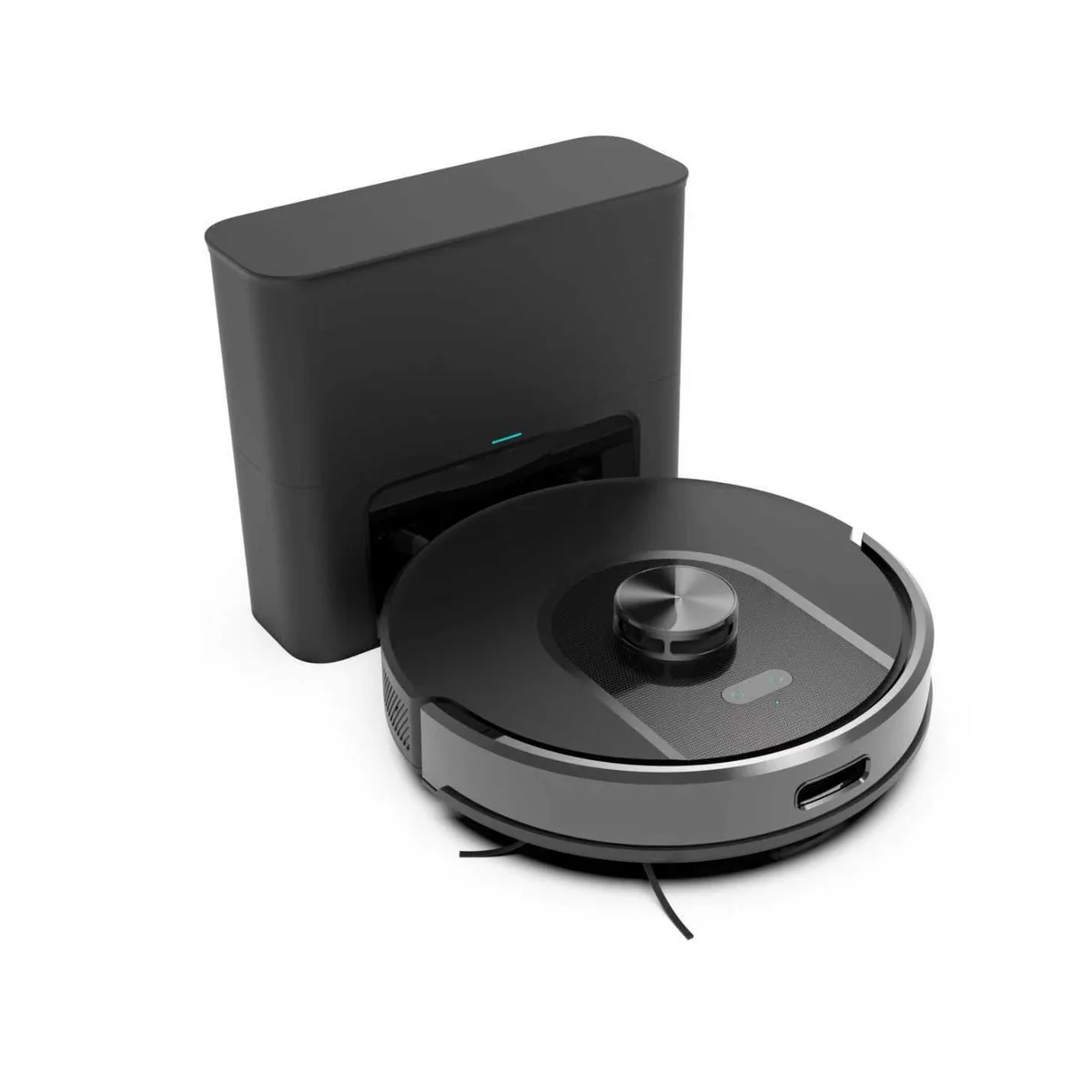 SDL40 robot vacuum docked at its self-emptying station, side view
