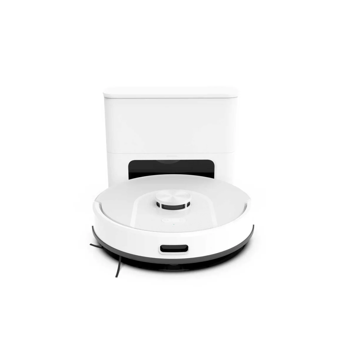 White SDL40 robot vacuum docked at its self-emptying station, top view