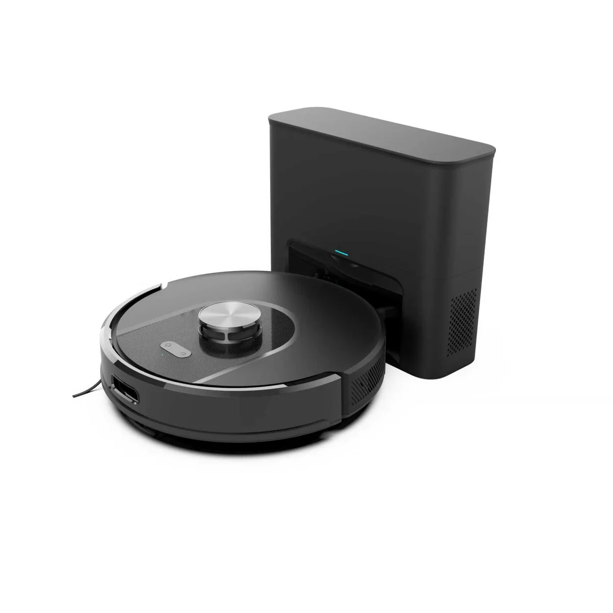 Black Kingbot SDL40 LiDAR robot vacuum docked at its self-emptying station, on white background