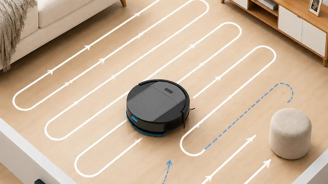 SG20 robot vacuum demonstrating systematic zigzag cleaning path in a living room