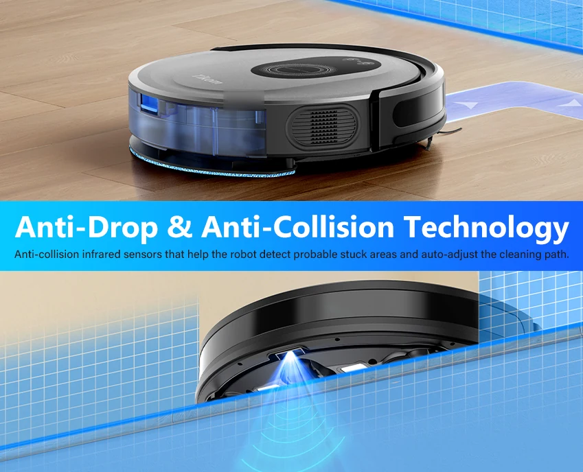 SG30 robot vacuum with anti-drop and anti-collision sensors near stairs