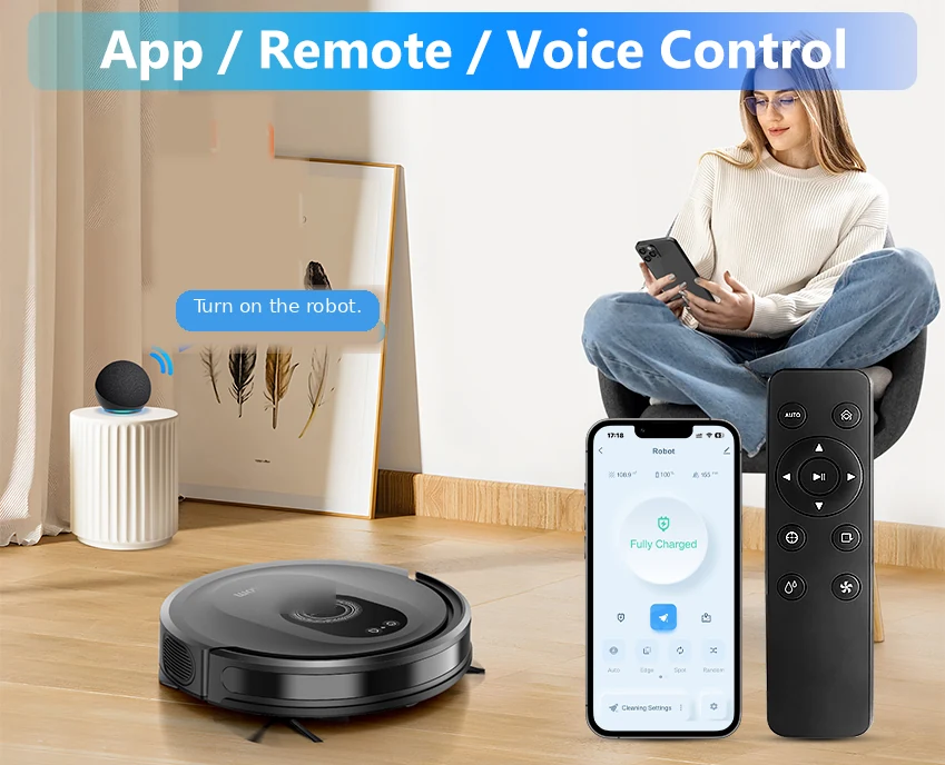 Woman controlling the SG30 robot vacuum via app, remote and voice