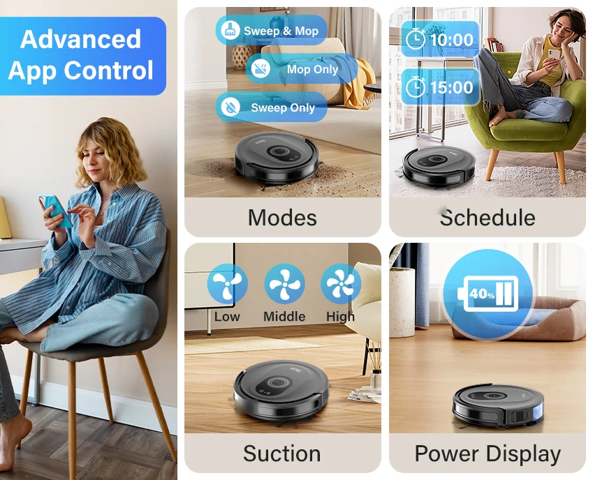SG30 app features: cleaning modes, scheduling, suction levels and battery display