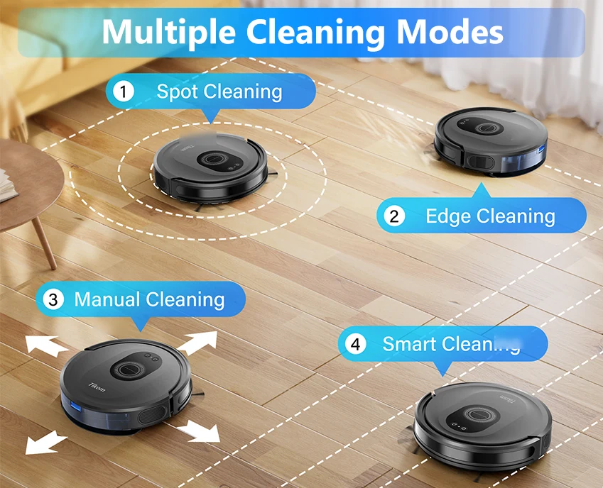 SG30 robot vacuum demonstrating spot, edge, manual and smart cleaning modes