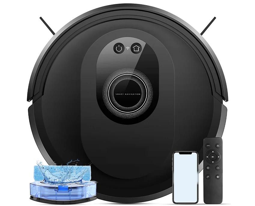 Black Kingbot SG30 robot vacuum, top view, on white background