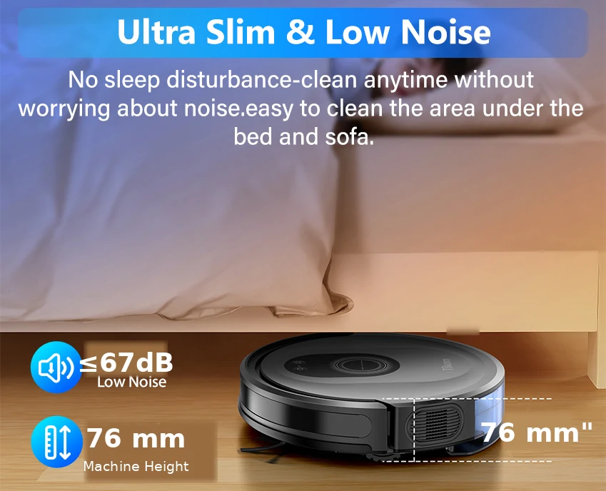 Slim SG30 robot vacuum under furniture, low noise at or below 67dB, 76 mm height